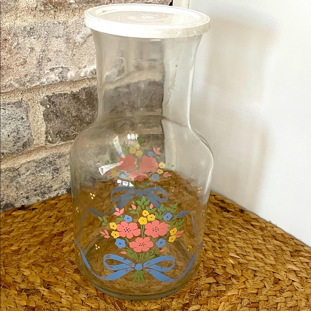 Tall Glass 1970’s  Juice Carafe Jug Spring Bouquet